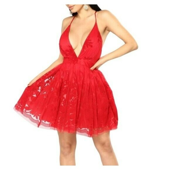 🟣🟣 Luxxel By Alfredo Barraza Womens Red V-neck Lace Mini Formal Gown Dress - Picture 2 of 10